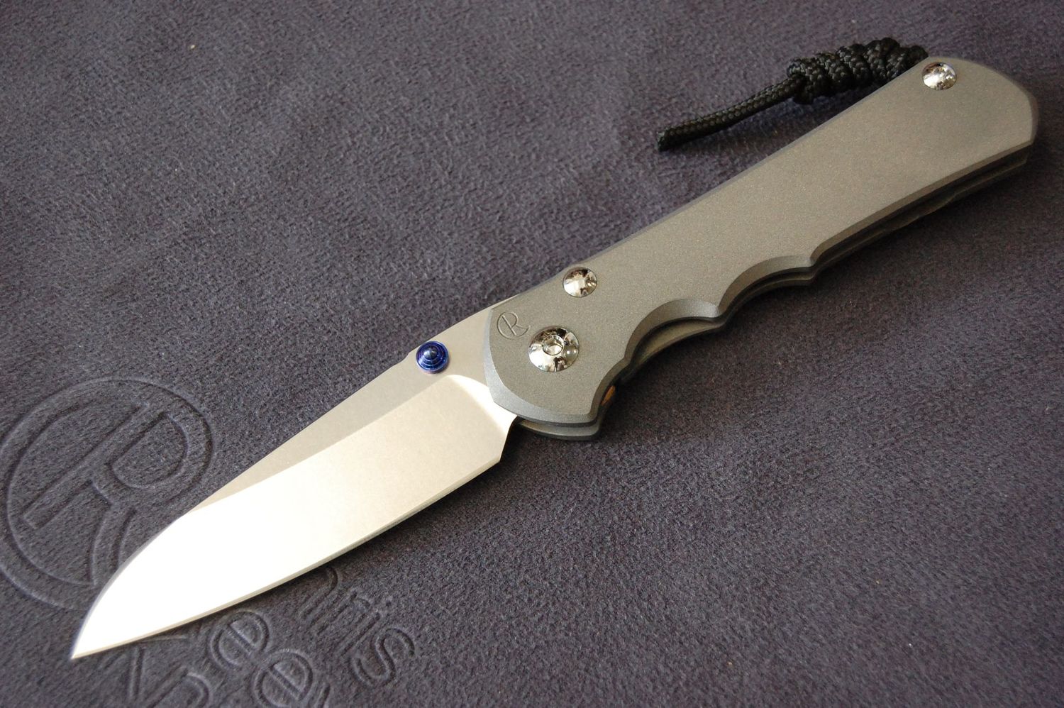 Large Inkosi-Plain Scale-Right Hand-Sandblast Finish-Blue Hardware-Black Knotted Lanyard.