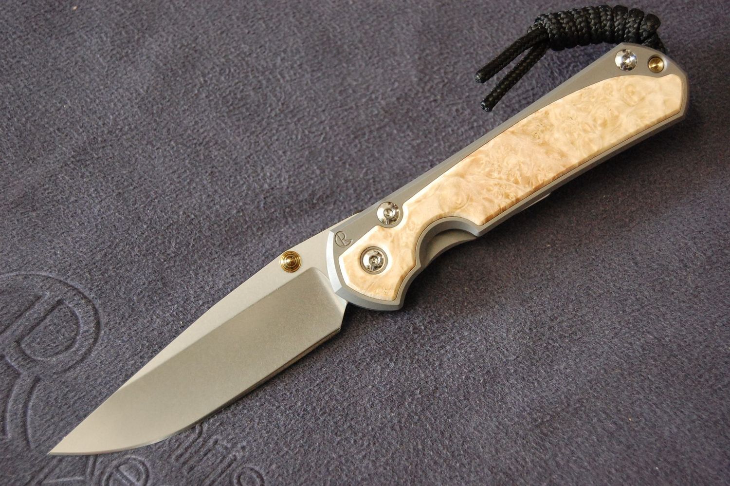 Small Sebenza 31-Right Hand- Drop Point Blade-Gold Hardware-Stonewashed Blade-Glassblast Finish-Black Standard Lanyard.