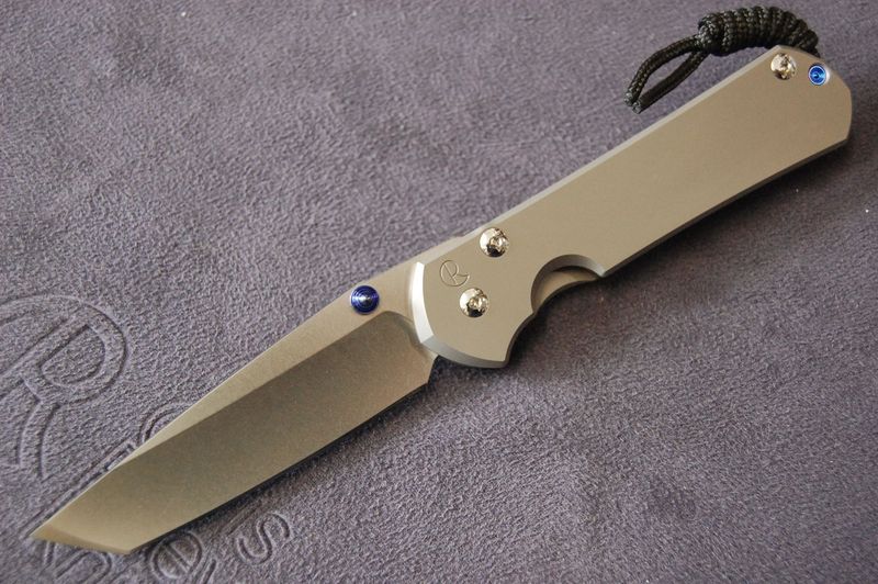 Large Sebenza 31-Plain Scale-Right Hand-Tanto Blade-Glass Blast Handle-Blue Hardware.