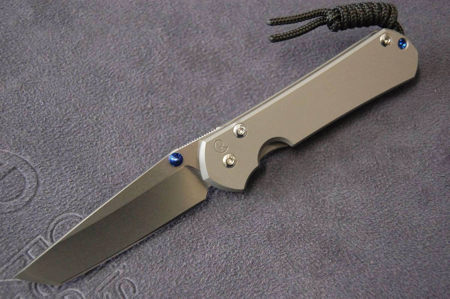 Small Sebenza 31-Plain Scale-Right Hand-Tanto Blade-Glass Blast Handle-Blue Hardware.