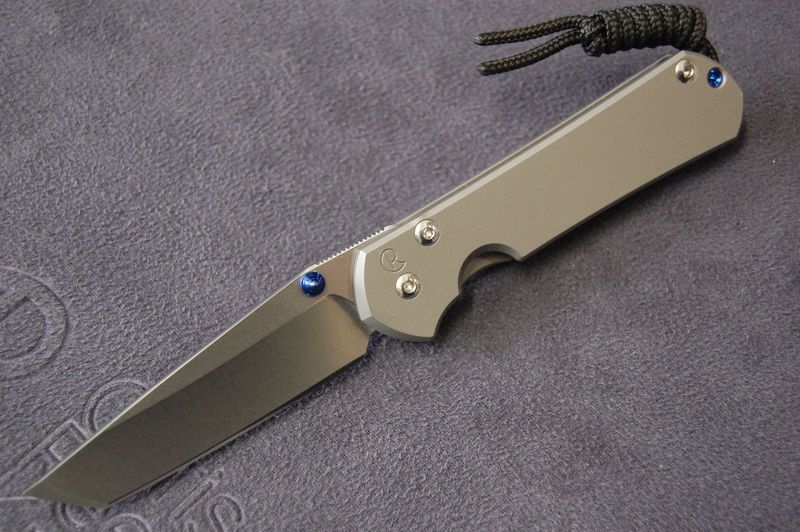 Small Sebenza 31-Plain Scale-Right Hand-Tanto Blade-Glass Blast Handle-Blue Hardware.