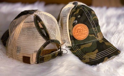 C.C. Trucker Hat w/ Ponytail hole in Green Camo with CGE Round Logo Patch