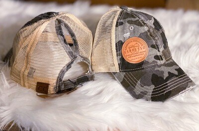 C.C. Trucker Hat w/ Ponytail hole in Grey Camo with CGE Round Logo Patch