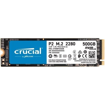 CRUCIAL P2 500GB SSD, M.2 2280, PCIe Gen3 x4, Read/Write: 2300/940 MB/s
