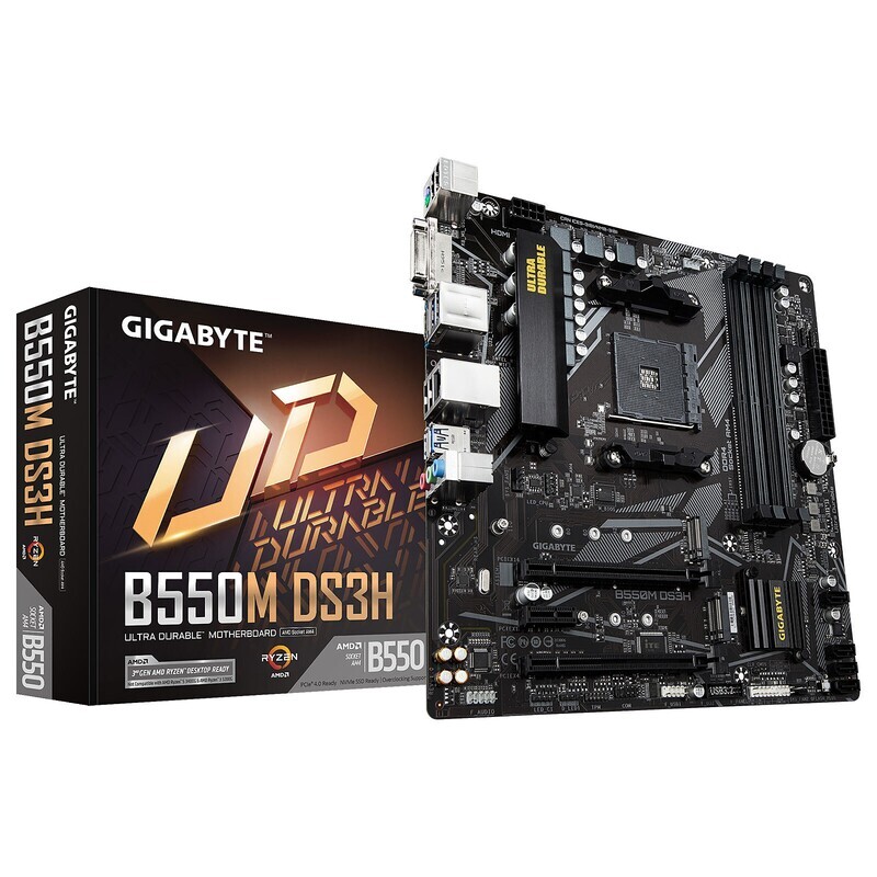 GIGABYTE Mainboard Desktop B550M DS3H (GIGABYTE MB B550 AM4 4 x DDR4 PCI Express x16 2 x M.2 4 x SATA 1 x DVI-D 1 x HDMI Micro ATX Form Factor; 24.4cm x 24.4cm)