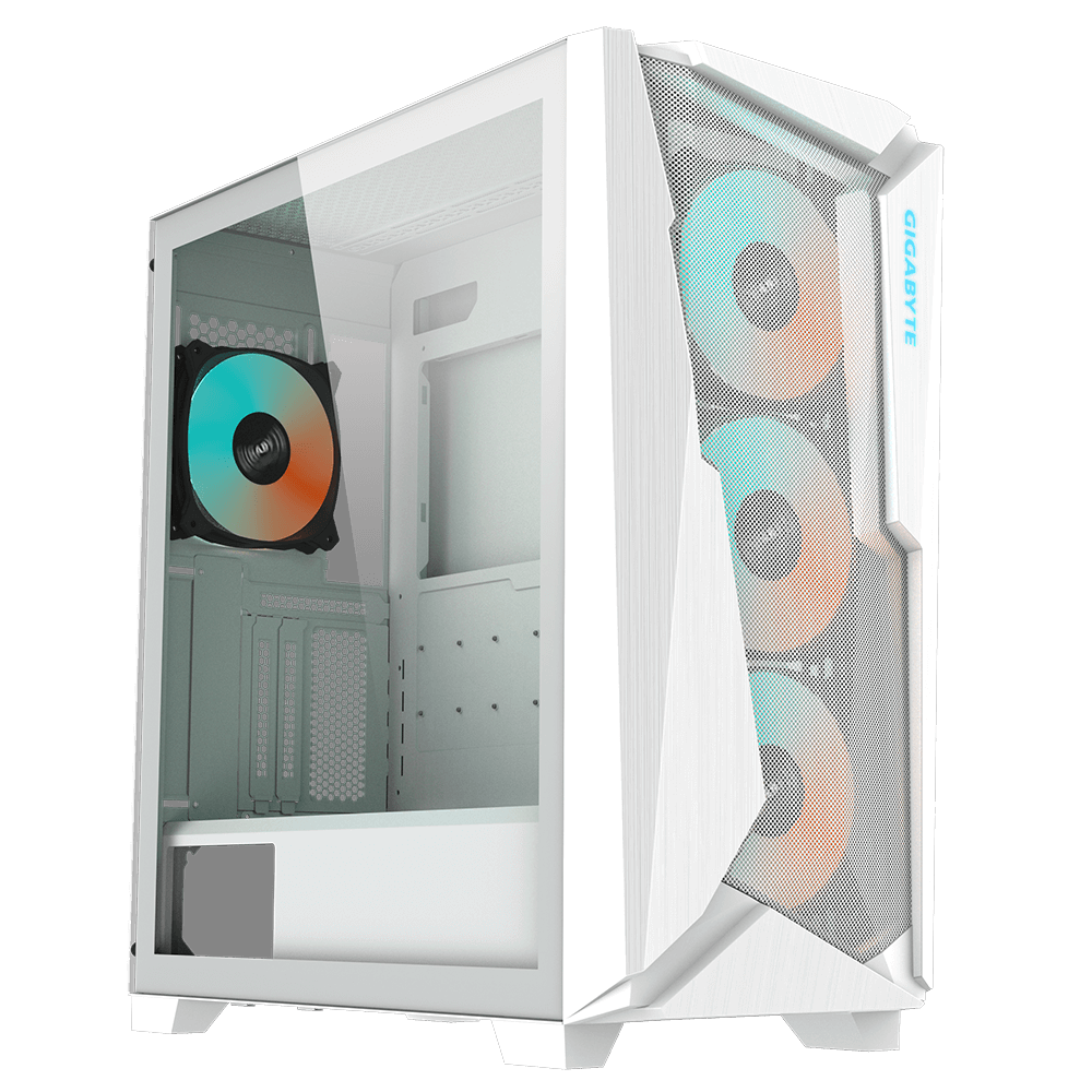 GIGABYTE C301 GLASS Midi Tower, E-ATX, USB 3.1 Gen2 Type-C x1, USB 3.0 x2, Audio In & Out, LED Switch, 4x 120mm ARGB fans, Tempered Glass, White