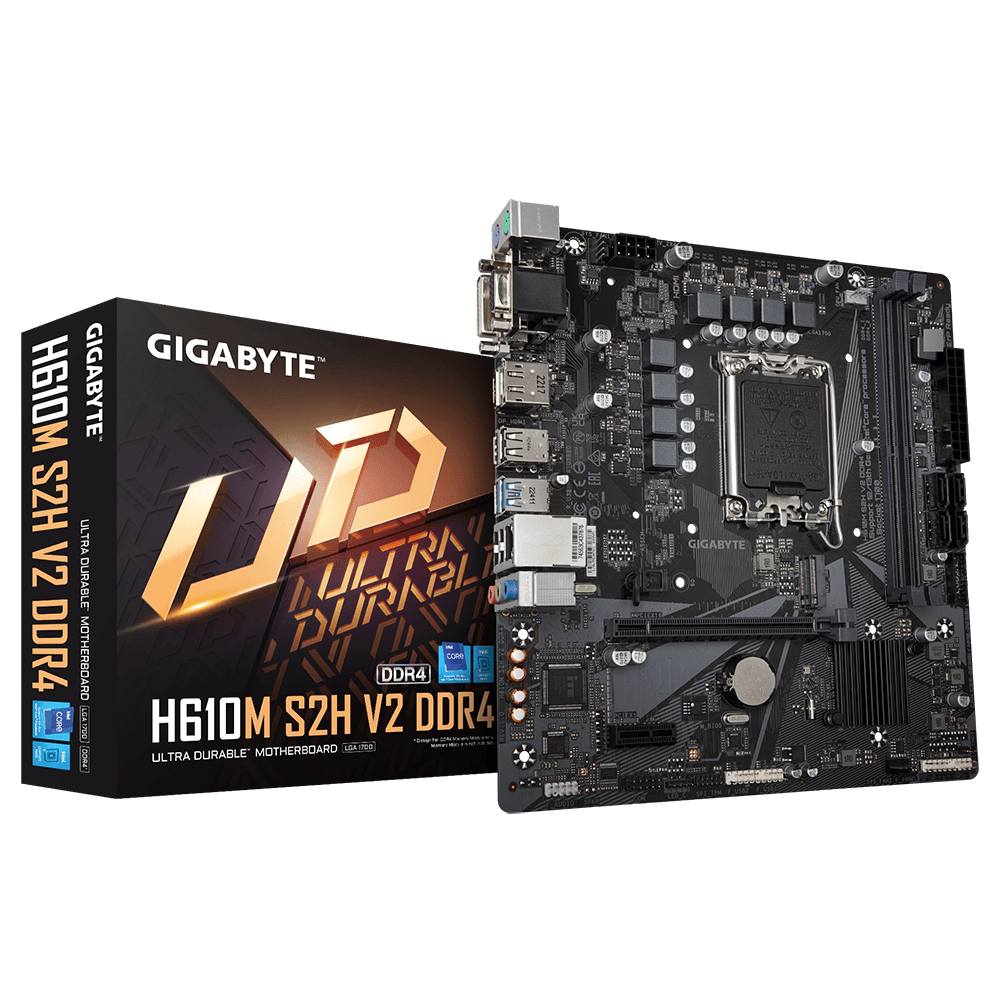 GIGABYTE Mainboard Desktop H610M S2H V2 DDR4 (LGA1700, 2xDDR4, 1xD-Sub, 1xDVI-D, 1xHDMI, 1xDP, GLAN, 1xPCI Express x16 4.0, 1xPCI Express x16 3.0, 1xM.2, 4xSATAIII, 4xUSB3.2 Gen1, 4xUSB2.0/1.1) mATX