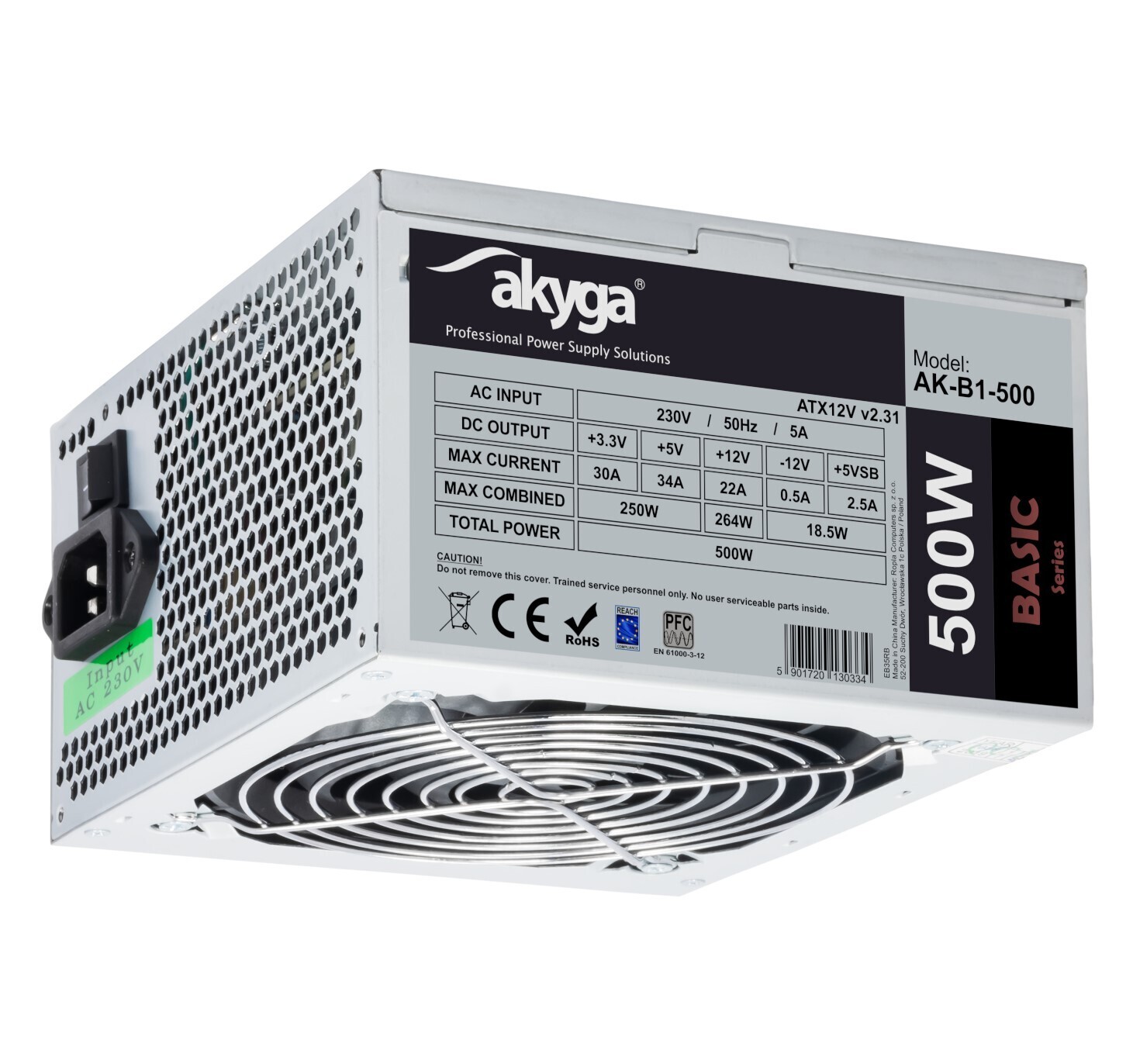 Power Supply AKYGA AK-B1-500 Basic 500W, DC 3.3/5/±12V, 1x120, w/o power cord