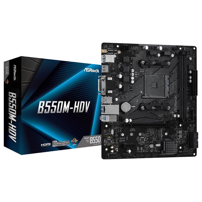 ASRock Mainboard Desktop B550M-HDV (AM4, B550, 2xDDR4,1xPCIe x16,1xPCI Ex1, 6xSATA3 , M.2, DP,HDMI,DVI, USB 3.2, ATX)