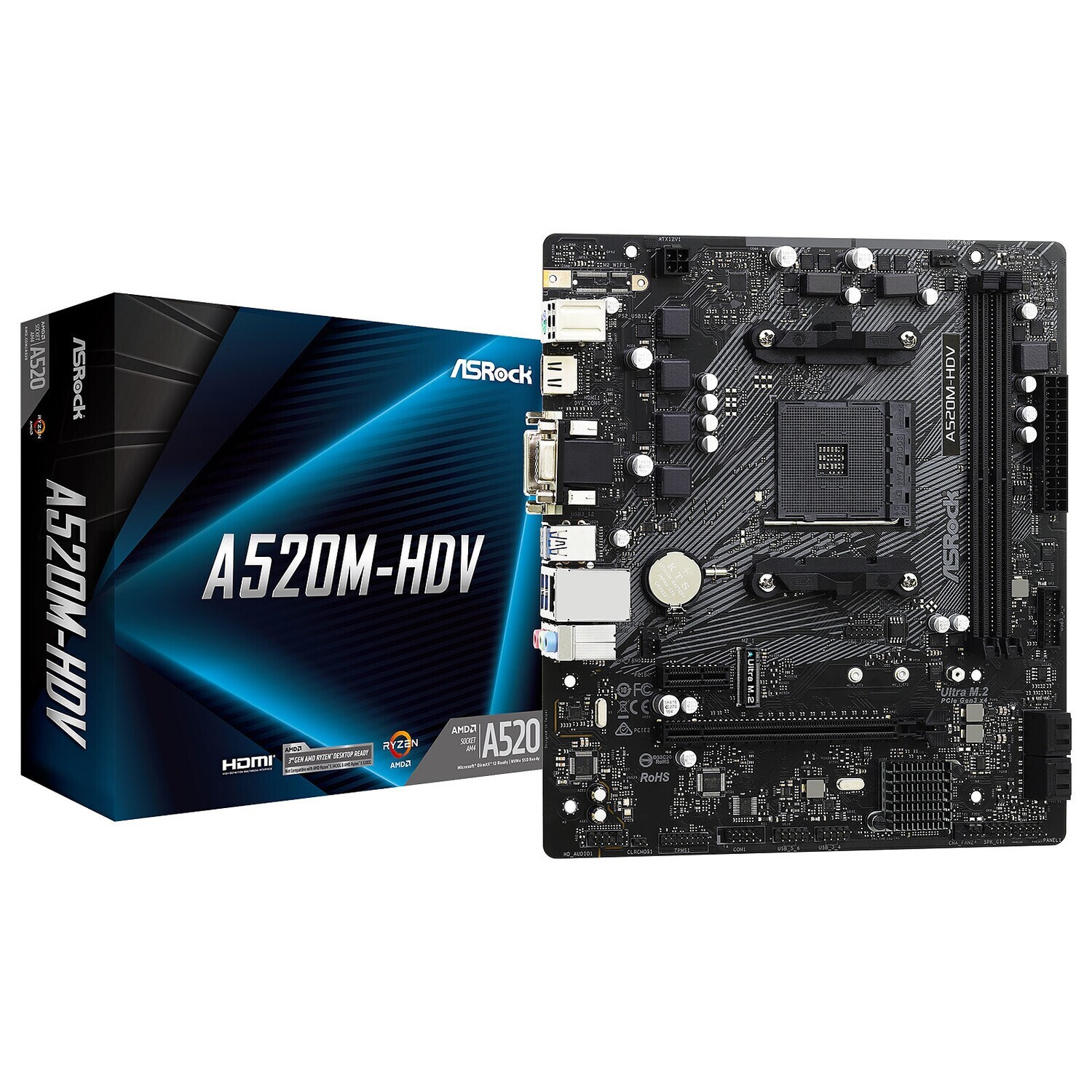 ASROCK Mainboard Desktop A520M-HDV (AM4, 2xDDR4, PCIe 3.0 x16,PCIe 3.0 x1, M.2, 4 SATA3, D-Sub, DVI, HDMI, mATX, retail)