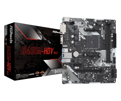 ASROCK Mainboard Desktop B450M-HDV R4.0 (AM4 2 x DDR4 DIMM 4 x SATA3 1 x Ultra M.2 1 x D-Sub 1 x DVI-D 1 x HDMI Micro ATX)