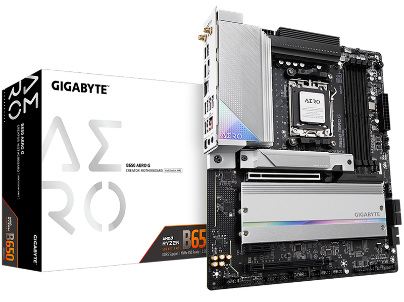 GIGABYTE Mainboard Desktop B650 AERO G (AM5, 4x DDR5 256GB, 1x PCI-E 4.0 x16x16, 1x PCI-E 4.0 x16x4, 1x PCI-E 3.0 x16x1, 1x M.2 PCIe 5.0, 2x M.2 PCIe 4.0, 4x SATA, 1x DP, 1x HDMI, ATX)