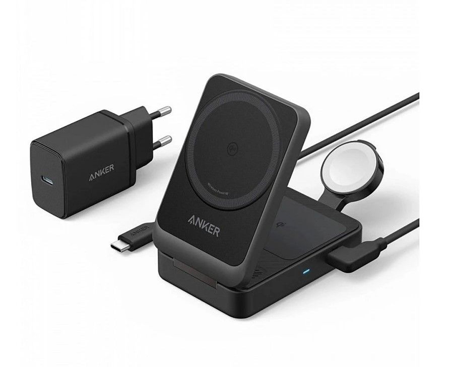 Anker Maggo Magnetic Wireless Charger 15W,Foldable 3-in-1 with Charger Bundle, EU Plug: crna-punjač