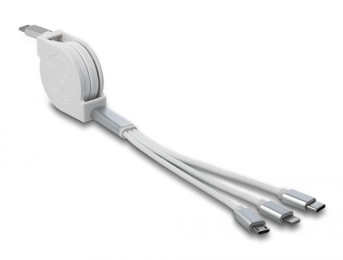 Delock USB Type-C™ 3-u-1 uvlačni kabel za punjenje za Lightning™ / Micro USB / USB Type-C™ bijeli