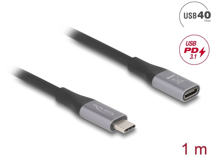 Delock USB 40 Gbps produžni kabel USB Type-C™ muški na ženski PD 3.1 240 W 1 m siv metal