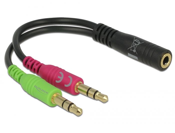 Delock Headset Adapter 1 x 3.5 mm 4 pin Stereo jack female &gt; 2 x 3.5 mm 3 pin Stereo jack male (CTIA pin assignment)