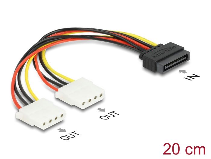 Delock Cable Power SATA 15 pin to 2 x 4 pin Molex female 20 cm