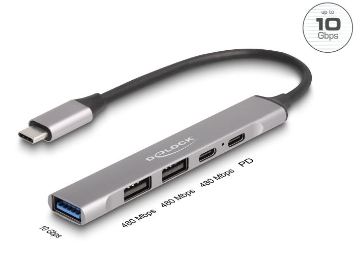 Delock Tanki USB Type-C™ Hub s 4 priključka s do 1 x USB 10 Gbps Tip-A 2 x USB 2.0 Tip-A 1 x USB 2.0 USB Type-C™ i PD 95 W