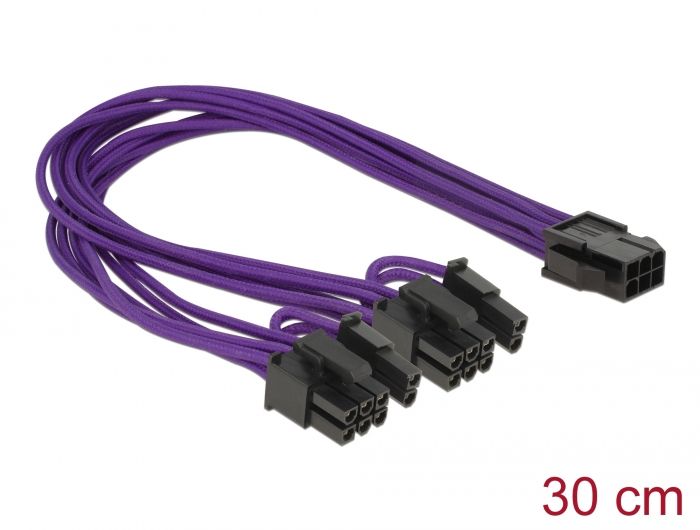 Delock Power Cable PCI Express 6 pin female &gt; 2 x 8 pin male textile shielding purple