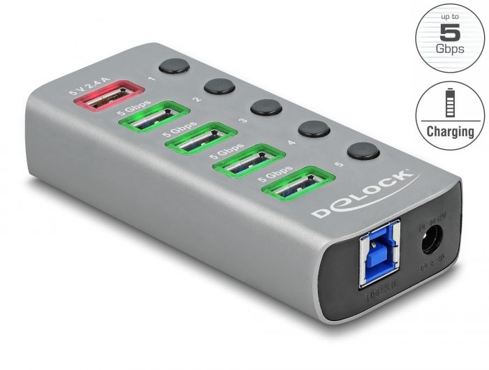 Delock USB 5 Gbps USB HUB s 4 ulaza + 1 ulaz za brzo punjenje sa sklopkom i osvjetljenjem