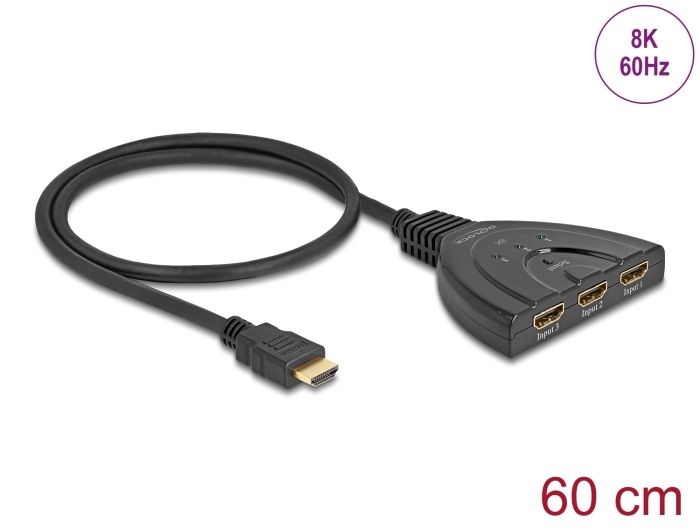 Delock HDMI sklopka 3 x HDMI ul. na 1 x HDMI izlaz 8K 60 Hz s integriranim kabelom 60 cm