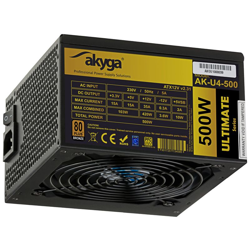 ATX Power Supply 500W Akyga AK-U4-500 P4+4 PCI-E 6 pin 6+2 pin 6x SATA APFC 80+ bronze FAN 120mm