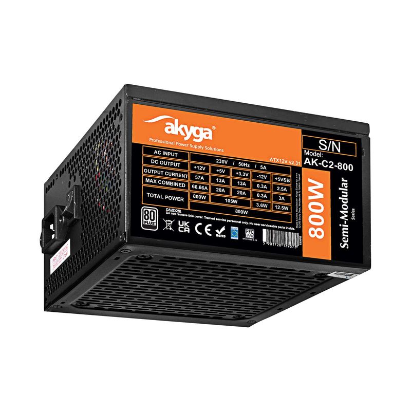 ATX Power Supply 800W Akyga AK-C2-800 Modular P4+4 2x PCI-E 6+2 pin 6x SATA 3x Molex FAN 120mm