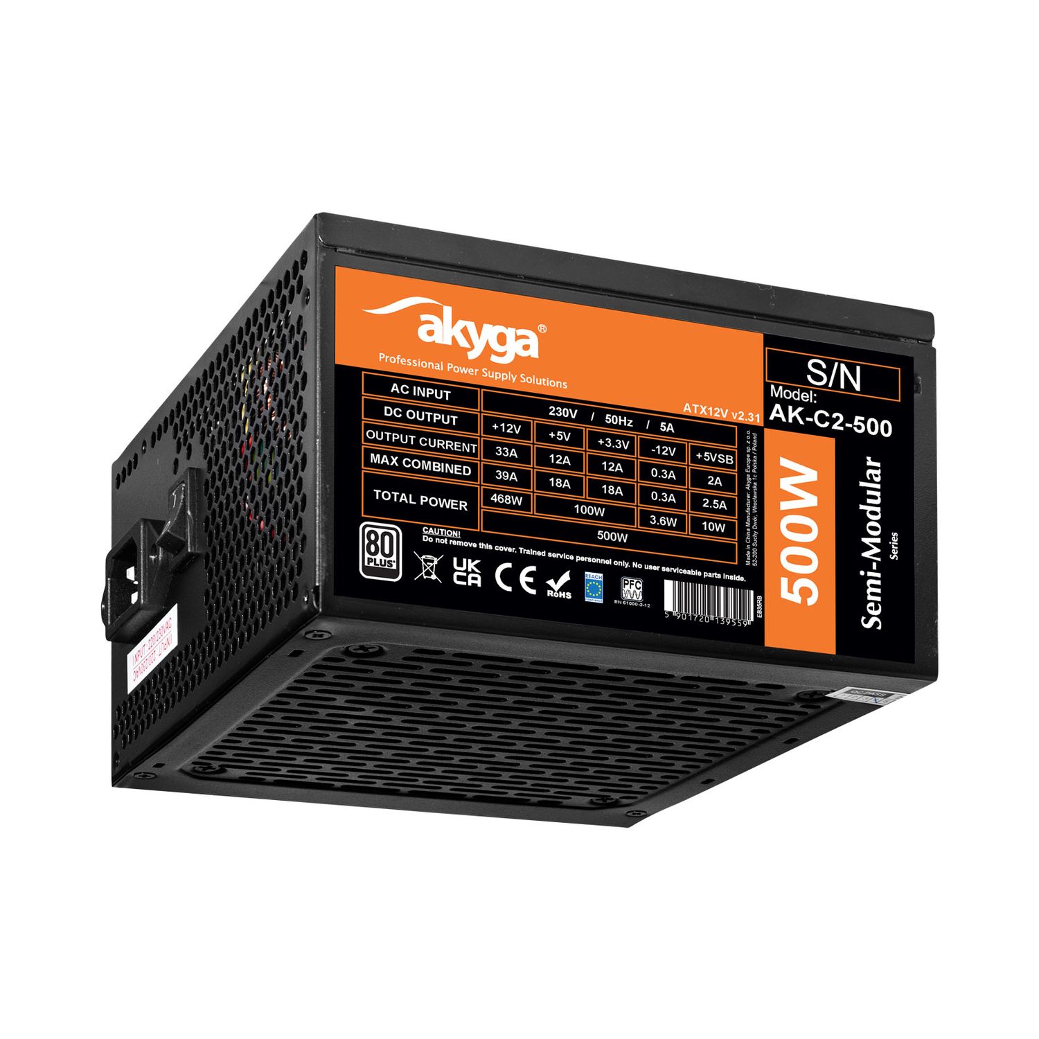 ATX Power Supply 500W Akyga AK-C2-500 Modular P4+4 2x PCI-E 6+2 pin 4x SATA 2x Molex FAN 120mm