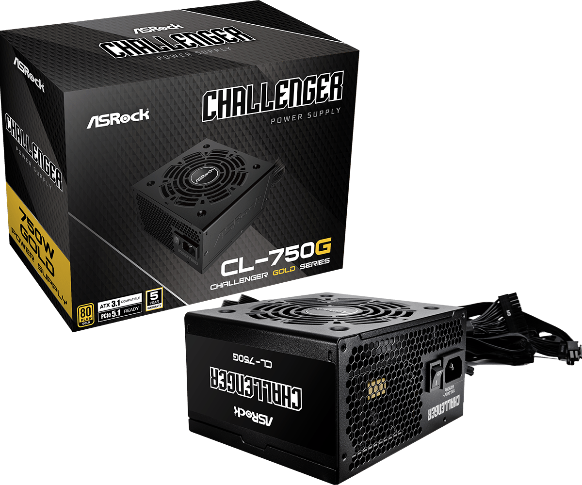 ASRock PSU Challenger CL-750G, 750W, 80+ Gold, ATX 3.1, PCIe 5.1, 120mm Golf-blade Fan