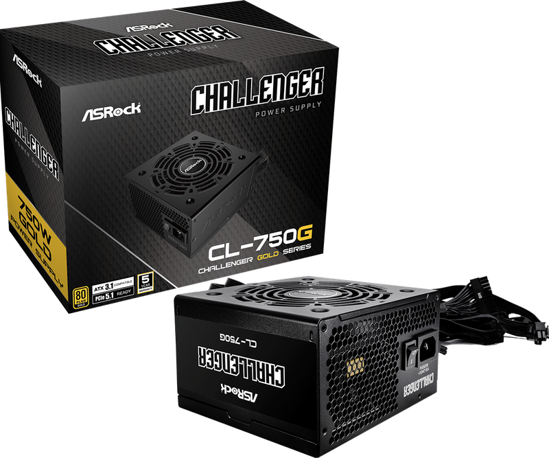ASRock PSU Challenger CL-750G, 750W, 80+ Gold, ATX 3.1, PCIe 5.1, 120mm Golf-blade Fan