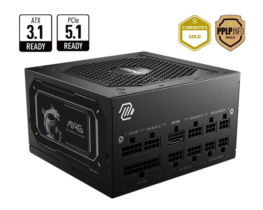 MSI MAG A850GL PCIE5 II, 80+ Gold, 12VHPWR, ATX 3.1, PCIe 5.1, 120mm Fan Active PFC, Modular