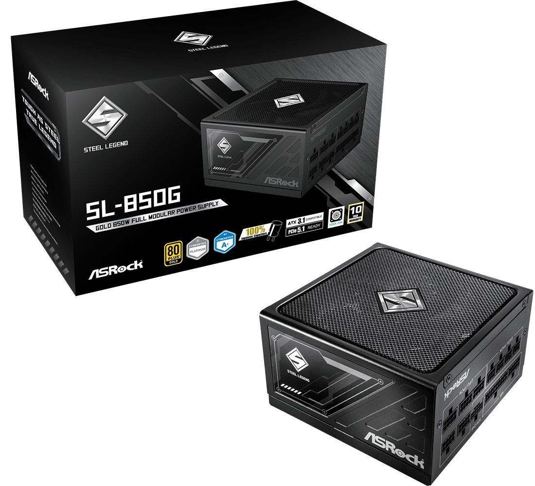 ASRock PSU Steel Legend SL-850G, 850W, 80+ Gold, ATX 3.1, PCIe 5.1 135mm Striped Axial FDB Fan, Modular