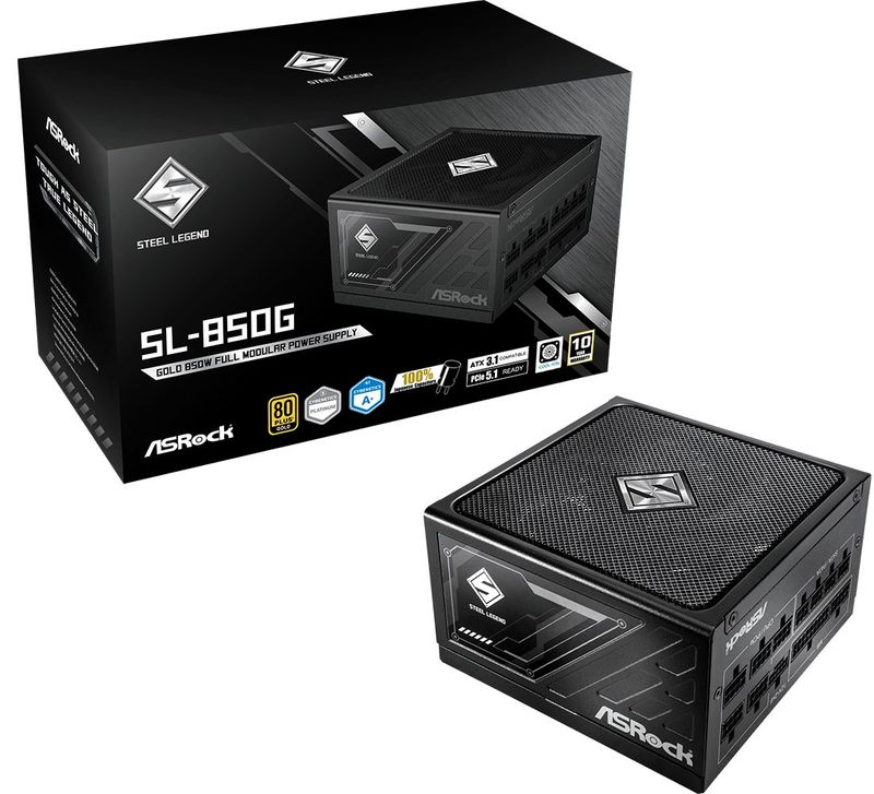 ASRock PSU Steel Legend SL-850G, 850W, 80+ Gold, ATX 3.1, PCIe 5.1 135mm Striped Axial FDB Fan, Modular