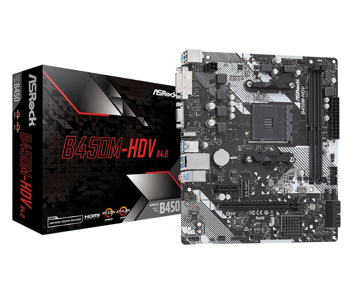 ASRock Mainboard Desktop B450M-HDV R4.0 (AM4 2 x DDR4 DIMM 4 x SATA3 1 x Ultra M.2 1 x D-Sub 1 x DVI-D 1 x HDMI Micro ATX)