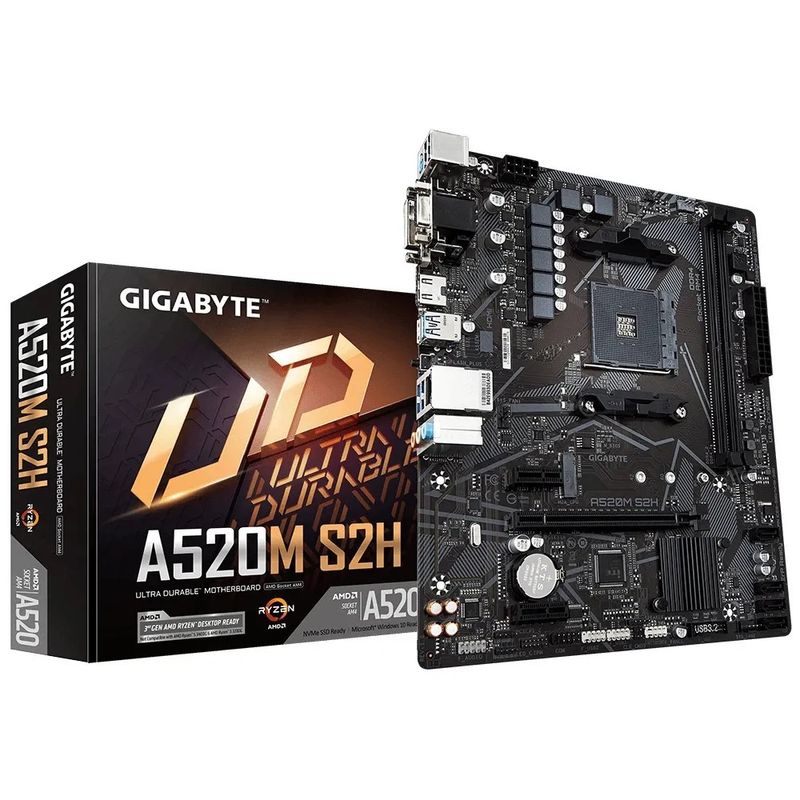 GIGABYTE Mainboard Desktop  A520M S2H(AM4, 2 x DDR4 PCIe 3.0 1 x M.2 4 x SATA 1 x D-Sub port 1 x DVI-D port 1 x HDMI port, mATX)
