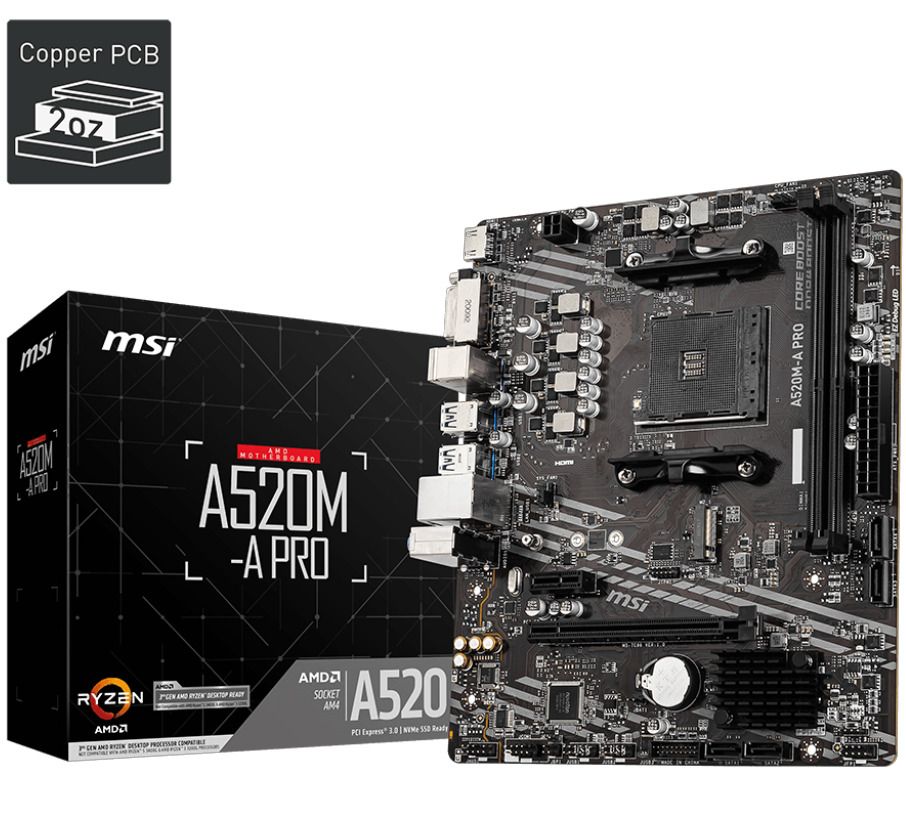 MSI Mainboard Desktop A520M-A PRO (A520, AM4, 2xDDR4, 1x PCI-E 3.0 x16 slot,1x M.2 slot,4x USB 3.2 Gen1,2x USB 2.0,1x HDMI,1x DVI-D,Gigabit LAN,7.1 HD Audio, mATX, Retail)