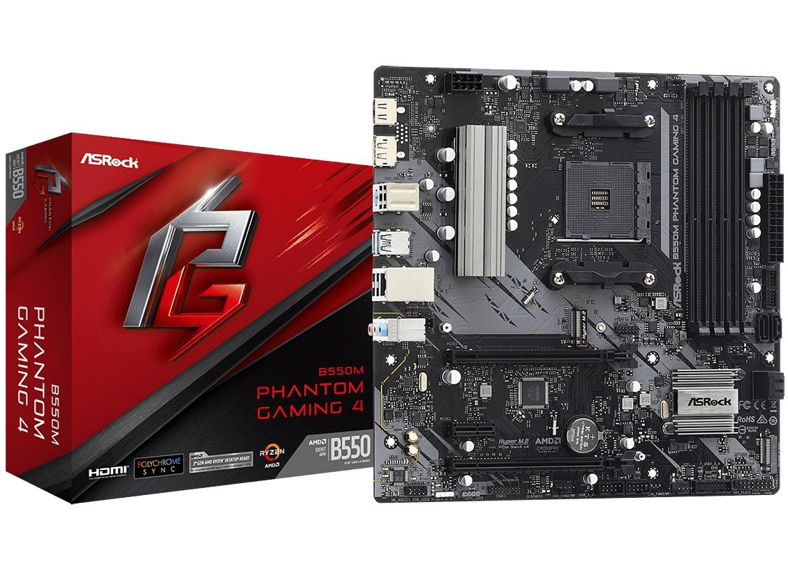 ASRock Mainboard Desktop B550M PHANTOM GAMING 4 (3rd Gen AMD AM4 Socket 4 xDDR4 4733+ 1 PCIe 4.0 x16 1 PCIe 3.0 x16 2 PCIe 3.0 x1 1 xM.2 6 SATA3 8 USB)