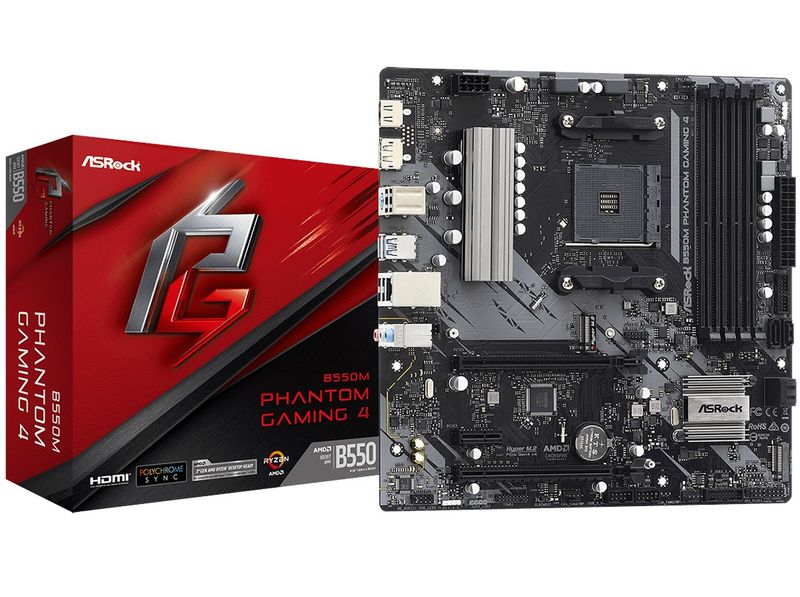 ASRock Mainboard Desktop B550M PHANTOM GAMING 4 (3rd Gen AMD AM4 Socket 4 xDDR4 4733+ 1 PCIe 4.0 x16 1 PCIe 3.0 x16 2 PCIe 3.0 x1 1 xM.2 6 SATA3 8 USB)
