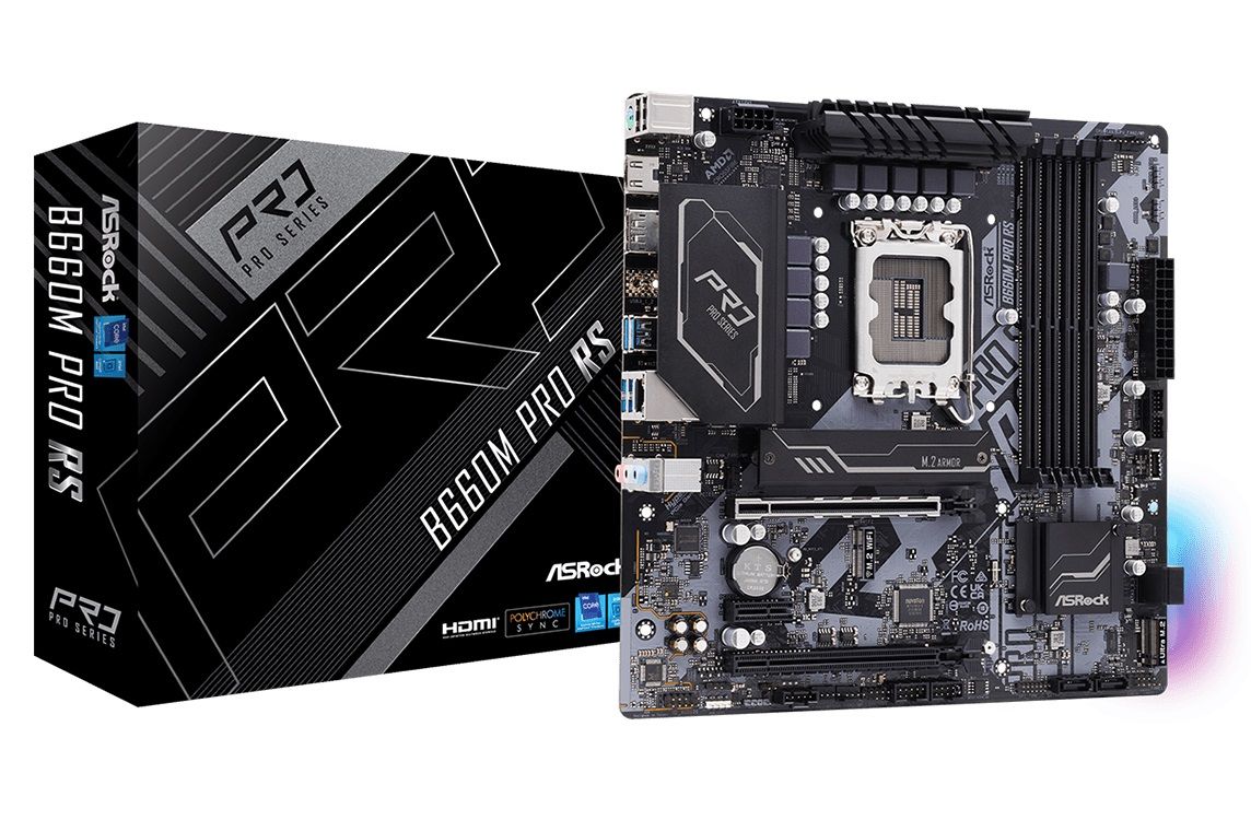 ASRock Mainboard Desktop B660M Pro RS (LGA1700 4x DDR4 DIMM HDMI DP 1xPCIe 5.0 x16 1xPCIe 4.0 x16 1xPCIe 3.0 x1, Micro ATX)