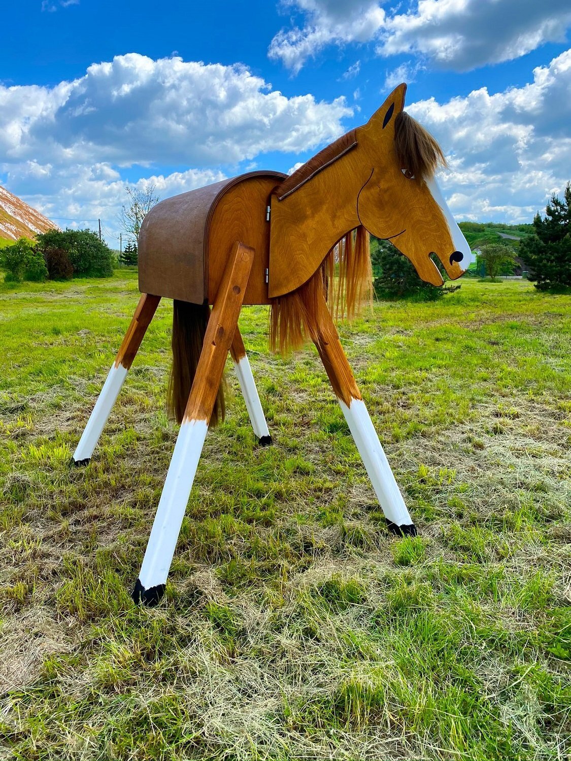 Voltigierpferd "Ayita" Natur mit brauner Mähne  115cm Holzpferd 
