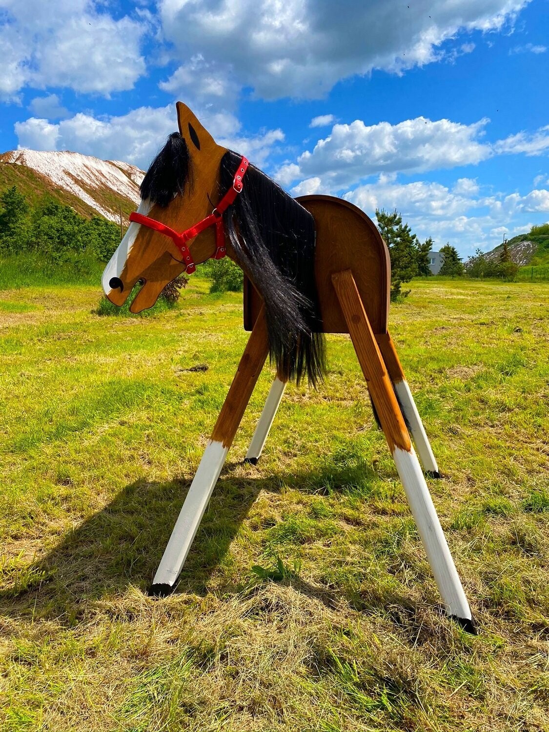 Holzpferd "César" A - schwarze  Mähne und Halfter rot
