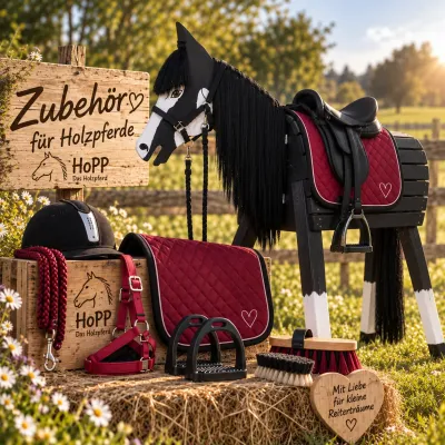 Zubehör für HoPP Holzpferde mit Sattel, Halfter, Steigbügeln und Putzzeug