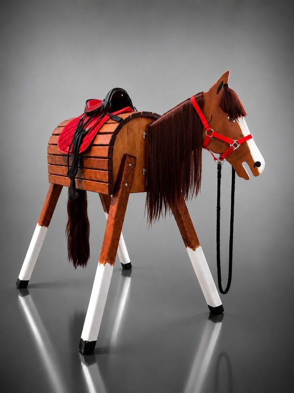 Outdoor-Holzpferd Charlie mit brauner Mähne auf heller Studioaufnahme