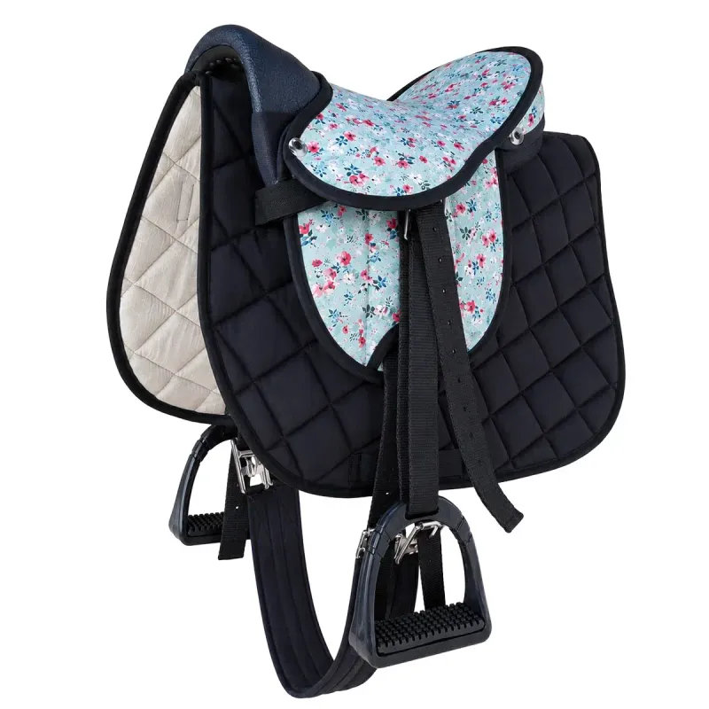 Sattelset Little Flower Star 10 Zoll in Türkis mit Blumenmuster, Schabracke, Steigbügeln und Sattelgurt für Holzpferde