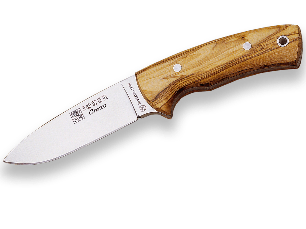 CUCHILLO BUSHCRAFT JOKER CORZO ENTERIZO CON CACHAS EN MADERA DE OLIVO Y HOJA DE 10 CM.