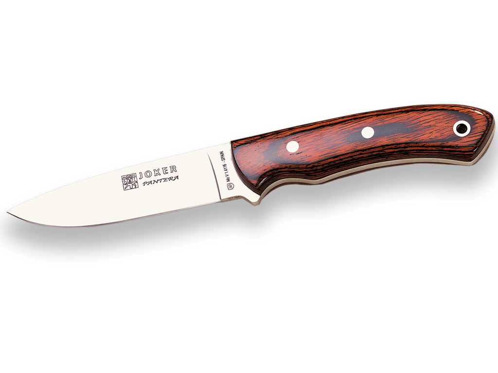 CUCHILLO BUSHCRAFT JOKER PANTERA CON MANGO MADERA ROJA PRENSADA Y HOJA DE 9,5 CM.