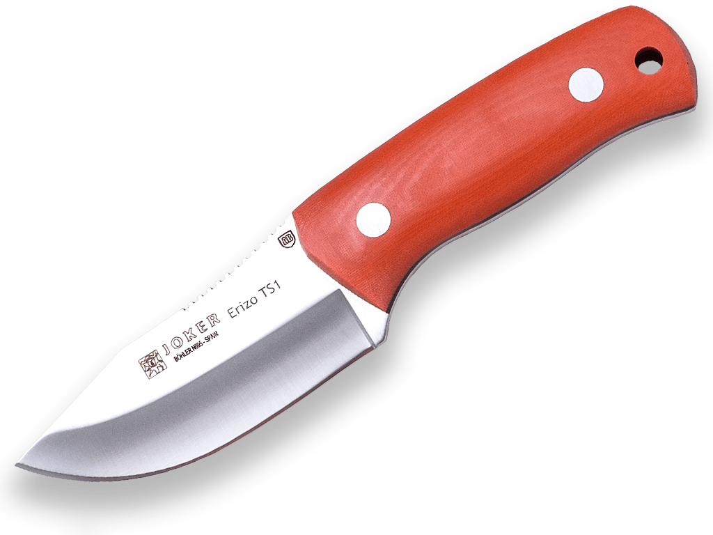 CUCHILLO BUSHCRAFT JOKER ERIZO TS1. CUCHILLO PARA CUELLO Y CINTURÓN. ACERO BÖHLER N695. MANGO DE MICARTA, HOJA 7,5 CM. FUNDA DE CUERO.