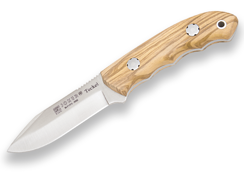 CUCHILLO BUSHCRAFT JOKER TECKEL ENTERIZO CON CACHAS MADERA DE OLIVO Y HOJA DE 9,5 CM