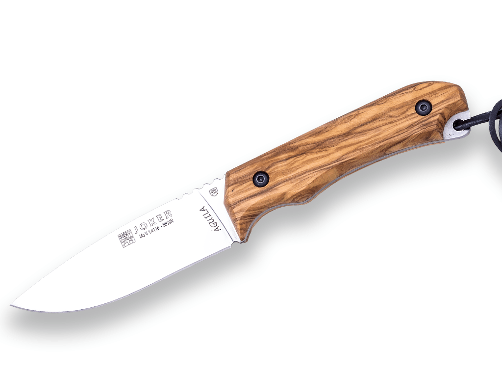 CUCHILLO BUSHCRAFT JOKER AGUILA, PUÑO DE OLIVO, HOJA DE 10,5 CM. FUNDA DE CUERO.