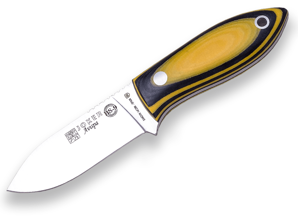 CUCHILLO BUSHCRAFT JOKER BS 9 AVISPA.CUCHILLO DE CUELLO, ACERO SANDVIK 14C28N, MANGO CANVAS MICARTA, HOJA 8 CM. FUNDA DE KYDEX.